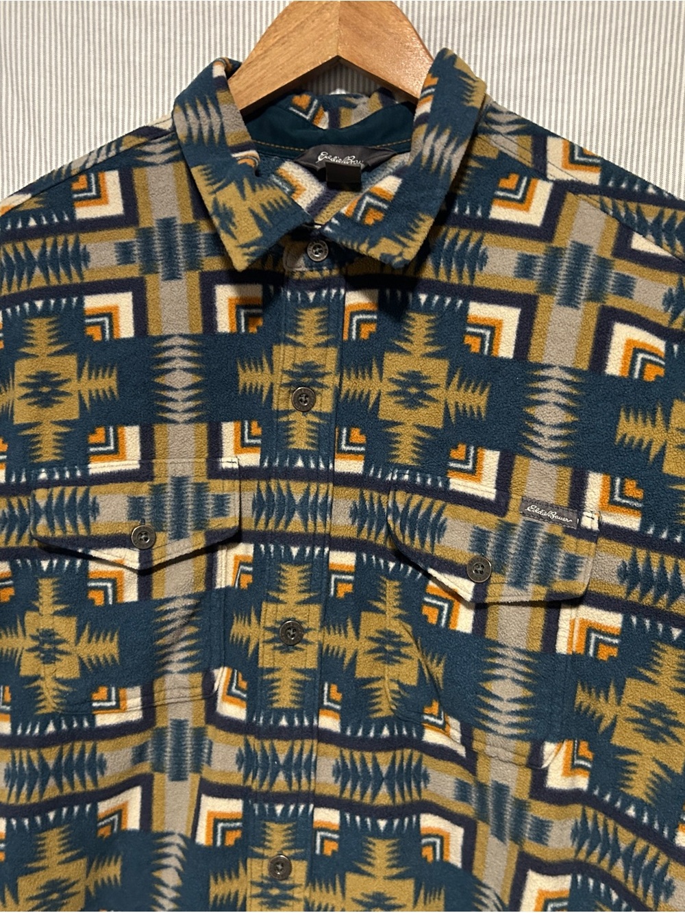 Eddie Bauer Men's Long Sleeve Button-Up Aztec Print Fleece Shirt Blue Green TXL